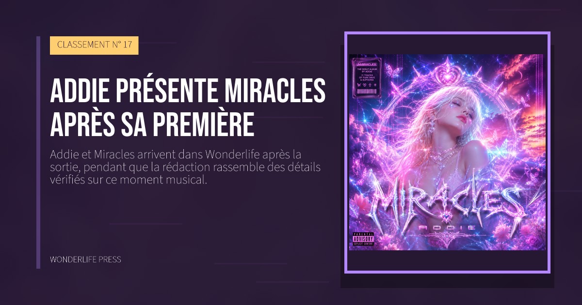 Wonderlife Press: Addie présente Miracles après sa première. pochette de la sortie. CLASSEMENT N° 17.