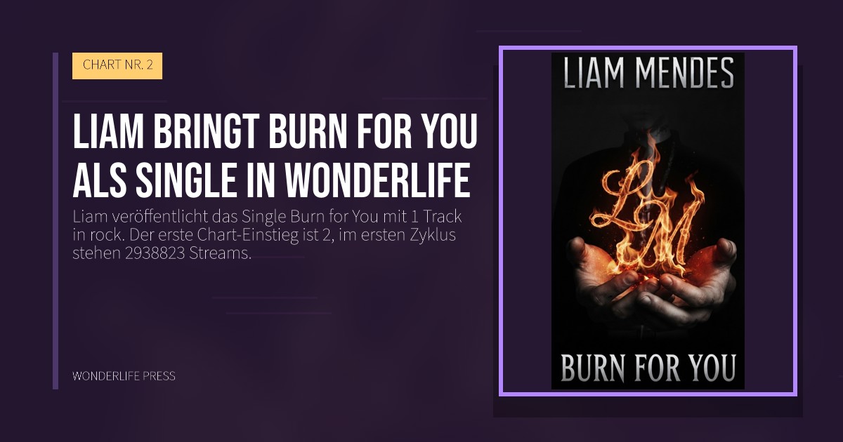 Wonderlife Press: Liam bringt Burn for You als Single in Wonderlife. Veröffentlichungscover. CHART NR. 2.