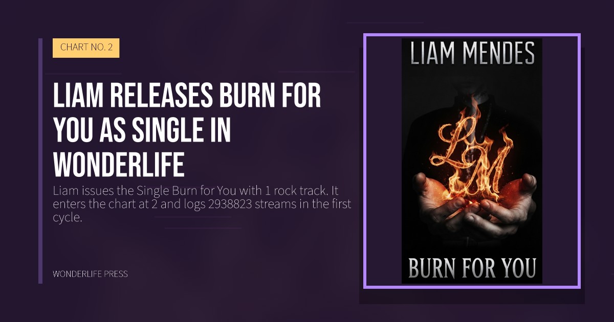Wonderlife Press: Liam releases Burn for You as Single in Wonderlife. release artwork. CHART NO. 2.