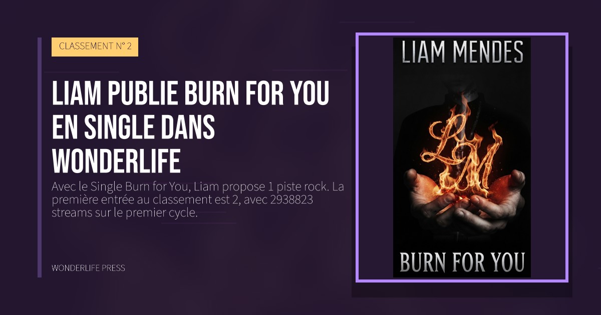 Wonderlife Press: Liam publie Burn for You en Single dans Wonderlife. pochette de la sortie. CLASSEMENT N° 2.