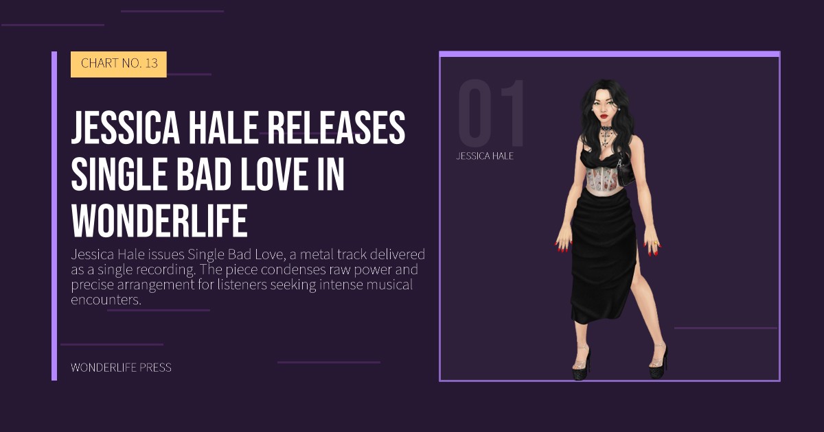 Wonderlife Press: Jessica Hale releases Single Bad Love in Wonderlife. artist portrait. CHART NO. 13.