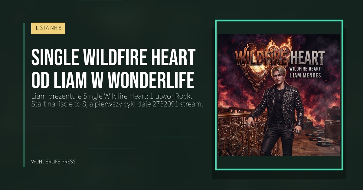 Wonderlife Press: Single Wildfire Heart od Liam w Wonderlife. okładka wydawnictwa. LISTA NR 8.