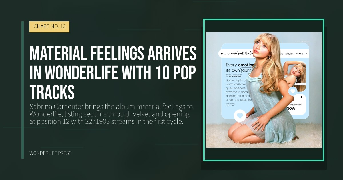 Wonderlife Press: material feelings arrives in Wonderlife with 10 pop tracks. release artwork. CHART NO. 12.