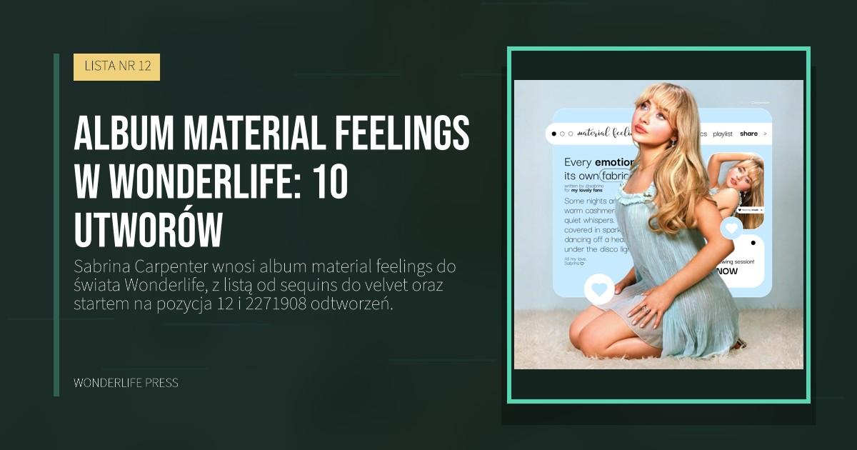 Wonderlife Press: Album material feelings w Wonderlife: 10 utworów. okładka wydawnictwa. LISTA NR 12.