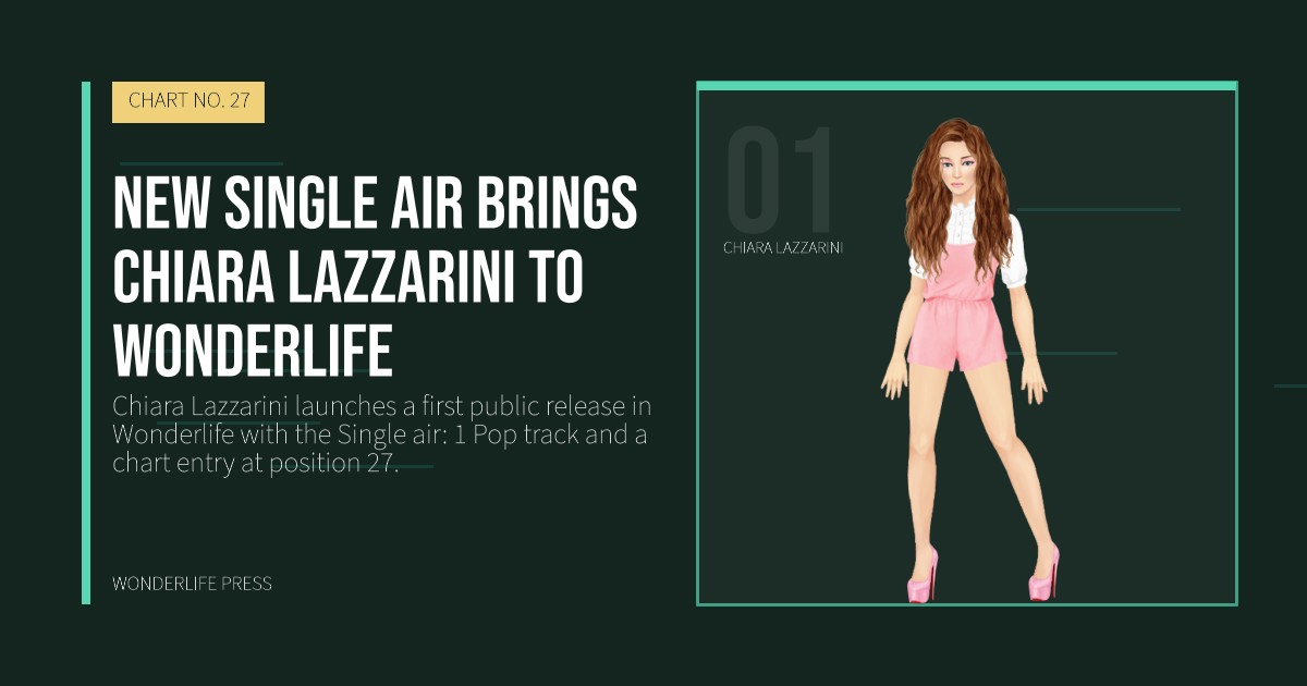 Wonderlife Press: New Single air brings Chiara Lazzarini to Wonderlife. artist portrait. CHART NO. 27.