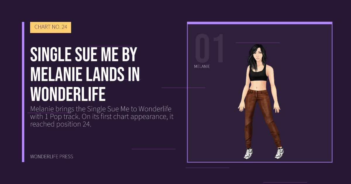 Wonderlife Press: Single Sue Me by Melanie lands in Wonderlife. artist portrait. CHART NO. 24.