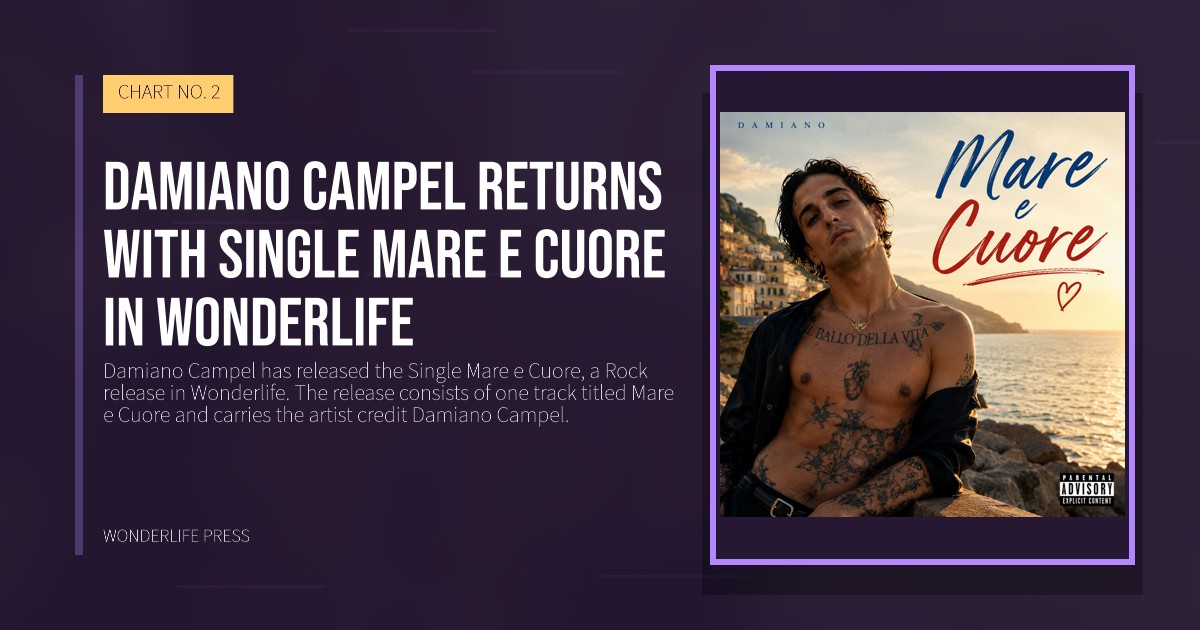 Wonderlife Press: Damiano Campel returns with Single Mare e Cuore in Wonderlife. release artwork. CHART NO. 2.