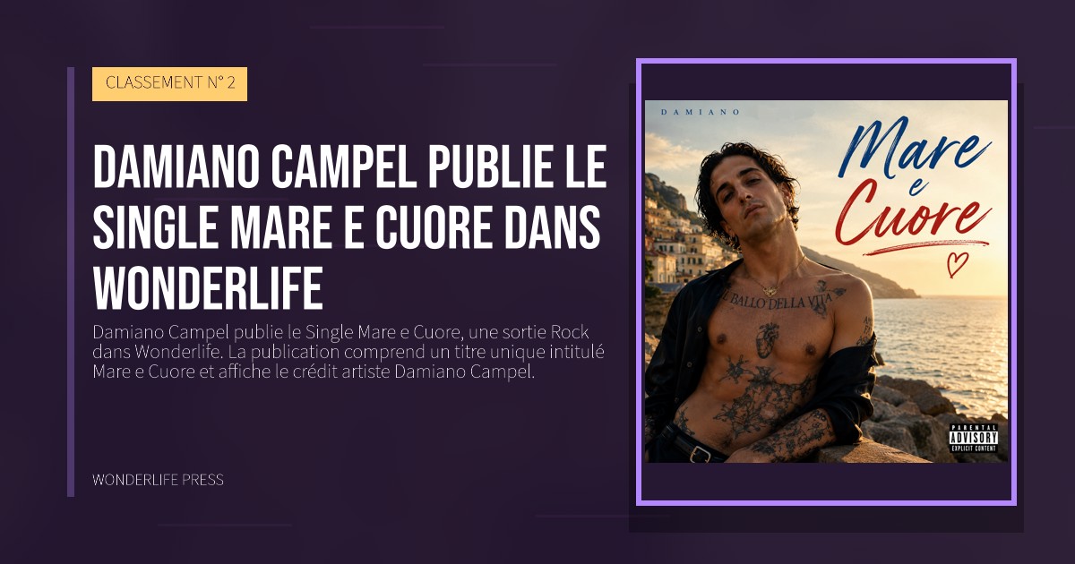 Wonderlife Press: Damiano Campel publie le Single Mare e Cuore dans Wonderlife. pochette de la sortie. CLASSEMENT N° 2.