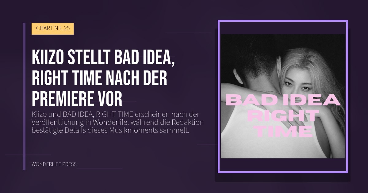 Wonderlife Press: Kiizo stellt BAD IDEA, RIGHT TIME nach der Premiere vor. Veröffentlichungscover. CHART NR. 25.