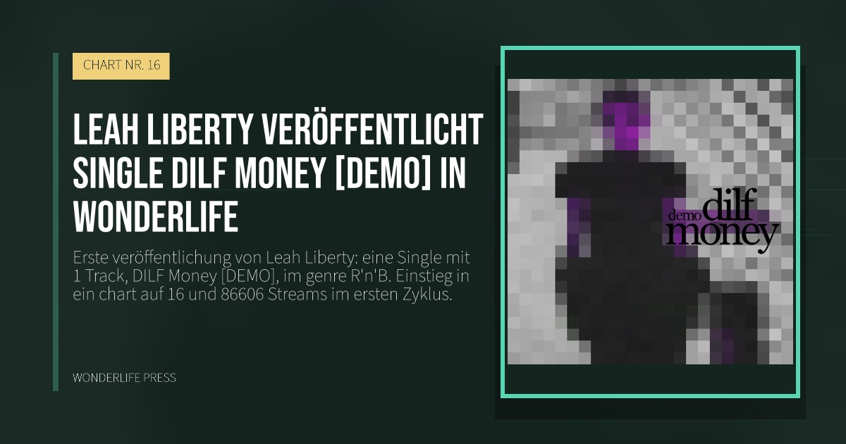Wonderlife Press: Leah Liberty veröffentlicht single DILF Money [DEMO] in Wonderlife. Veröffentlichungscover. CHART NR. 16.