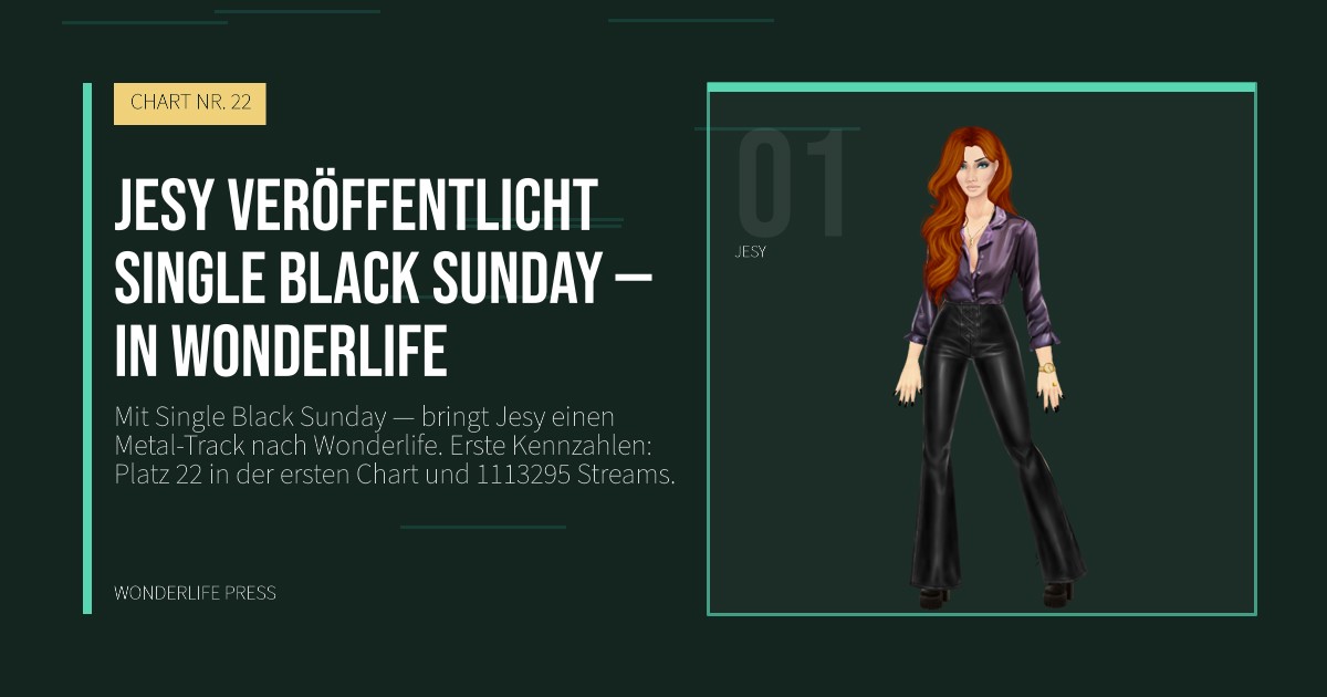 Wonderlife Press: Jesy veröffentlicht Single Black Sunday — in Wonderlife. Künstlerporträt. CHART NR. 22.