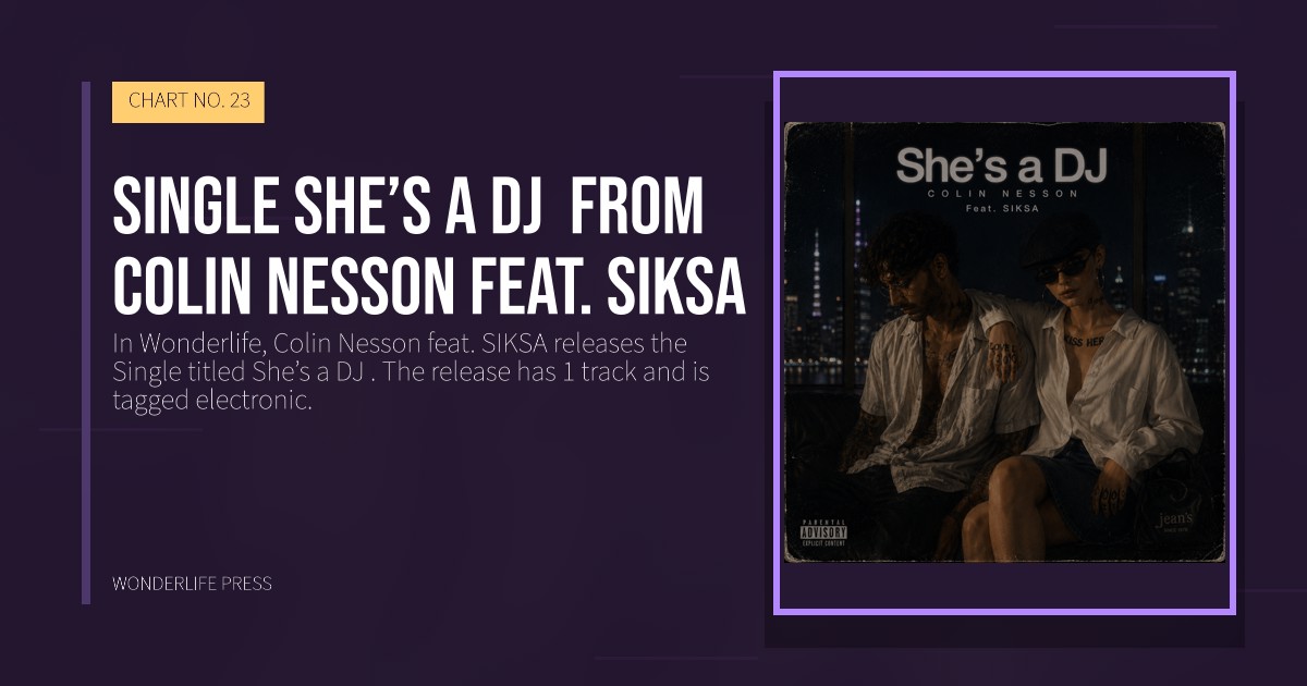 Wonderlife Press: Single She’s a DJ  from Colin Nesson feat. SIKSA. release artwork. CHART NO. 23.