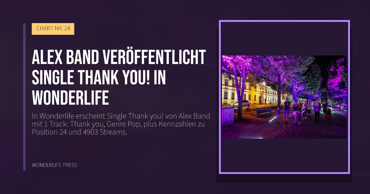 Wonderlife Press: Alex Band veröffentlicht Single Thank you! in Wonderlife. Veröffentlichungscover. CHART NR. 24.
