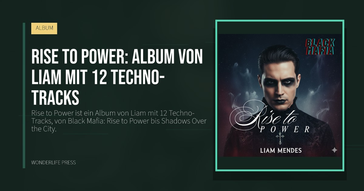 Wonderlife Press: Rise to Power: Album von Liam mit 12 Techno-Tracks. Veröffentlichungscover. ALBUM.