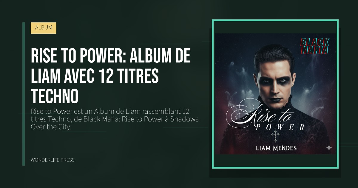 Wonderlife Press: Rise to Power: Album de Liam avec 12 titres Techno. pochette de la sortie. ALBUM.