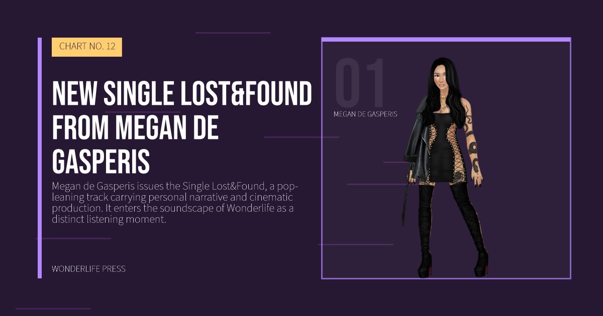 Wonderlife Press: new single Lost&Found from Megan de Gasperis. artist portrait. CHART NO. 12.