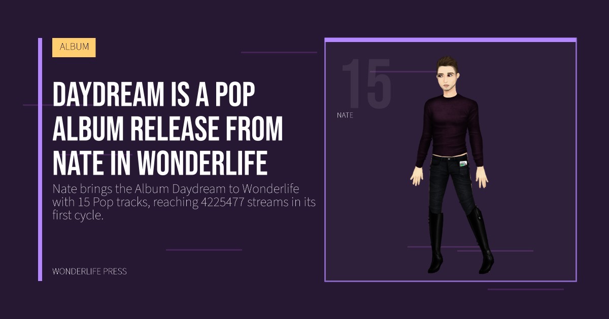 Wonderlife Press: Daydream is a Pop Album release from Nate in Wonderlife. artist portrait. ALBUM.