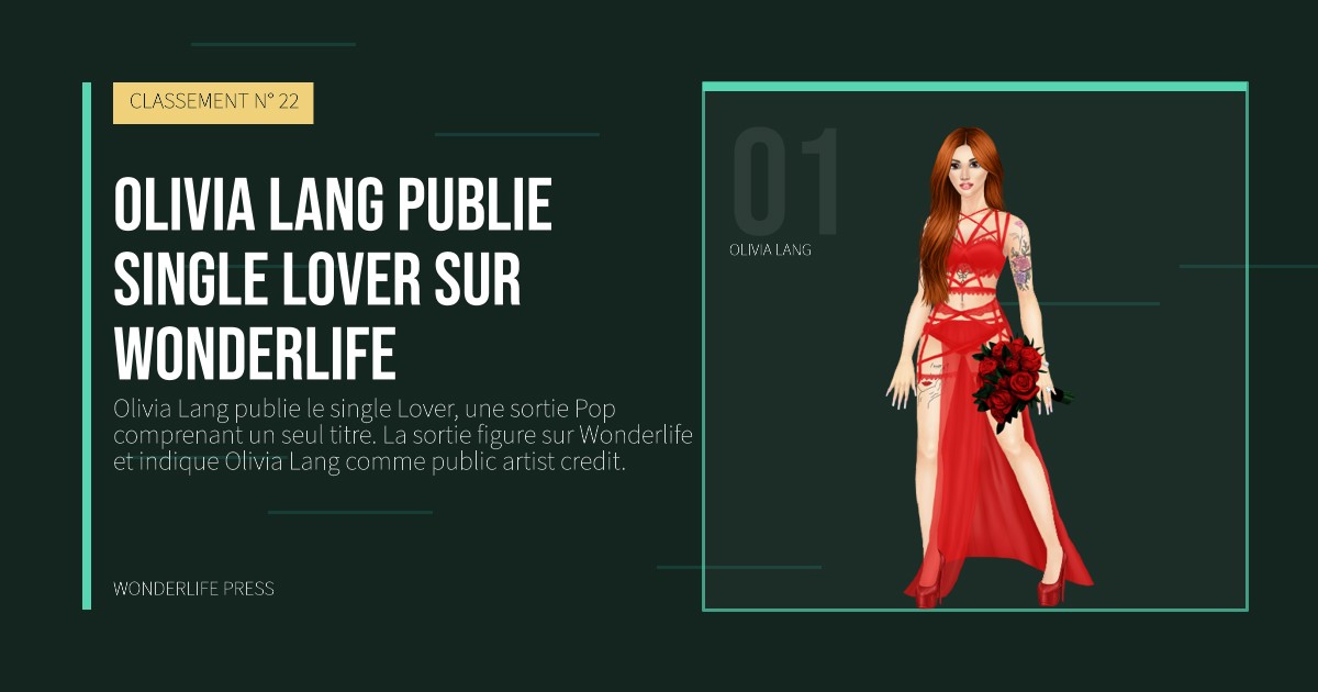 Wonderlife Press: Olivia Lang publie single Lover sur Wonderlife. portrait des artistes. CLASSEMENT N° 22.