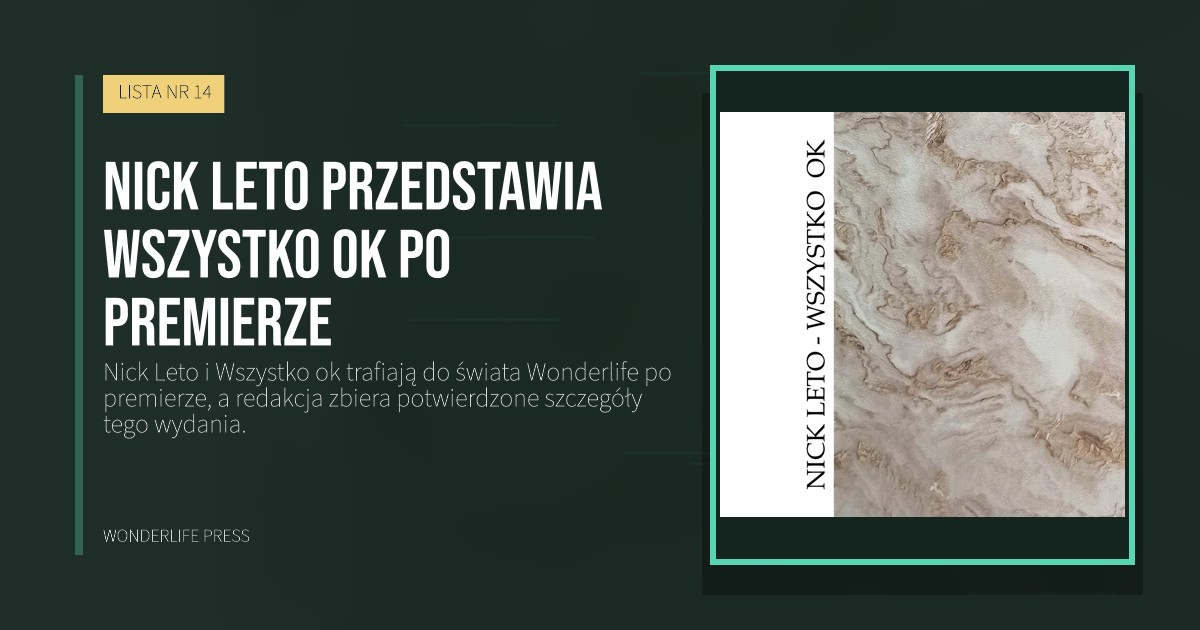 Wonderlife Press: Nick Leto przedstawia Wszystko ok po premierze. okładka wydawnictwa. LISTA NR 14.