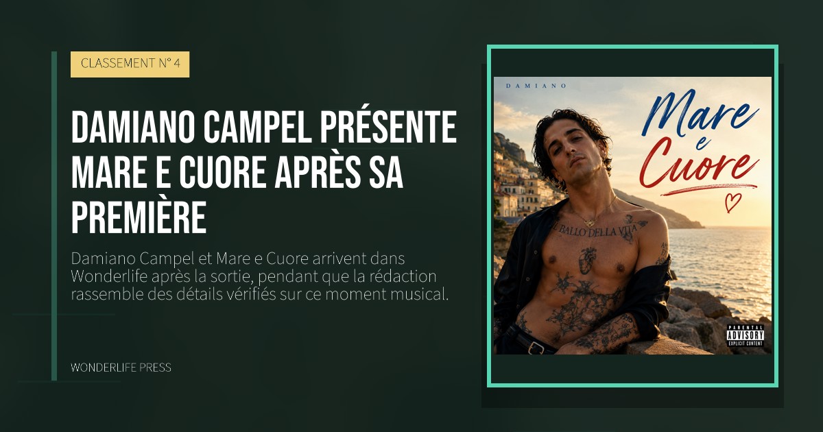 Wonderlife Press: Damiano Campel présente Mare e Cuore après sa première. pochette de la sortie. CLASSEMENT N° 4.