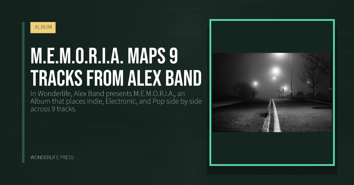 Wonderlife Press: M.E.M.O.R.I.A. maps 9 tracks from Alex Band. release artwork. ALBUM.