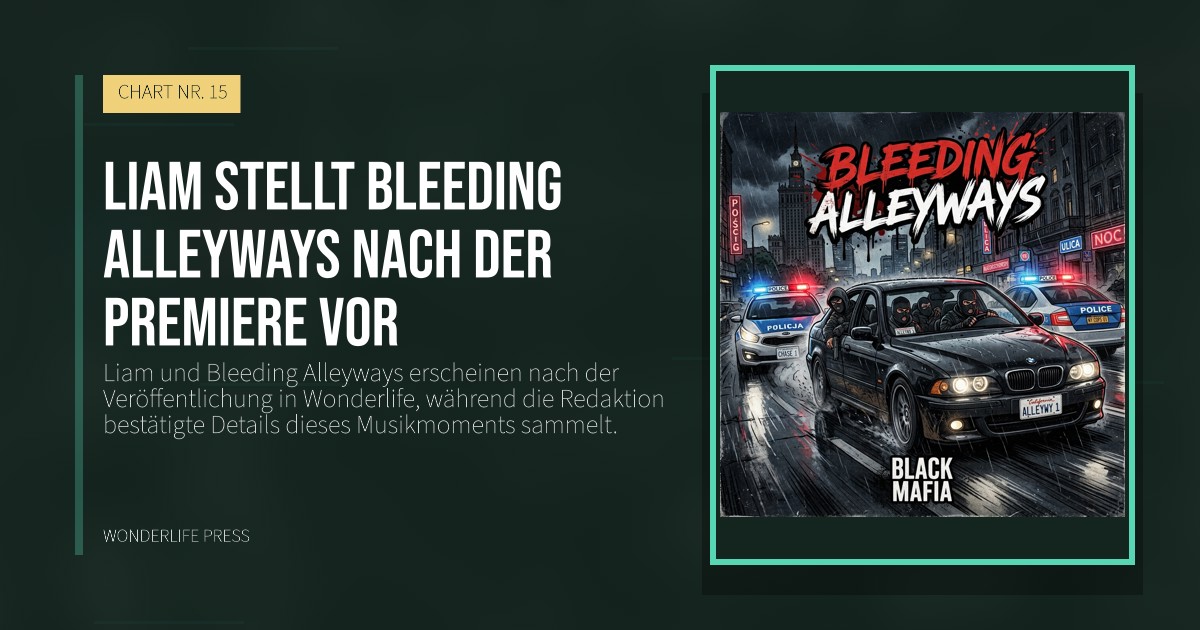 Wonderlife Press: Liam stellt Bleeding Alleyways nach der Premiere vor. Veröffentlichungscover. CHART NR. 15.