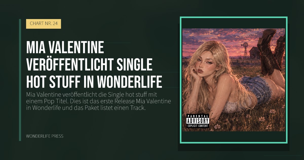 Wonderlife Press: Mia Valentine veröffentlicht single hot stuff in Wonderlife. Veröffentlichungscover. CHART NR. 24.