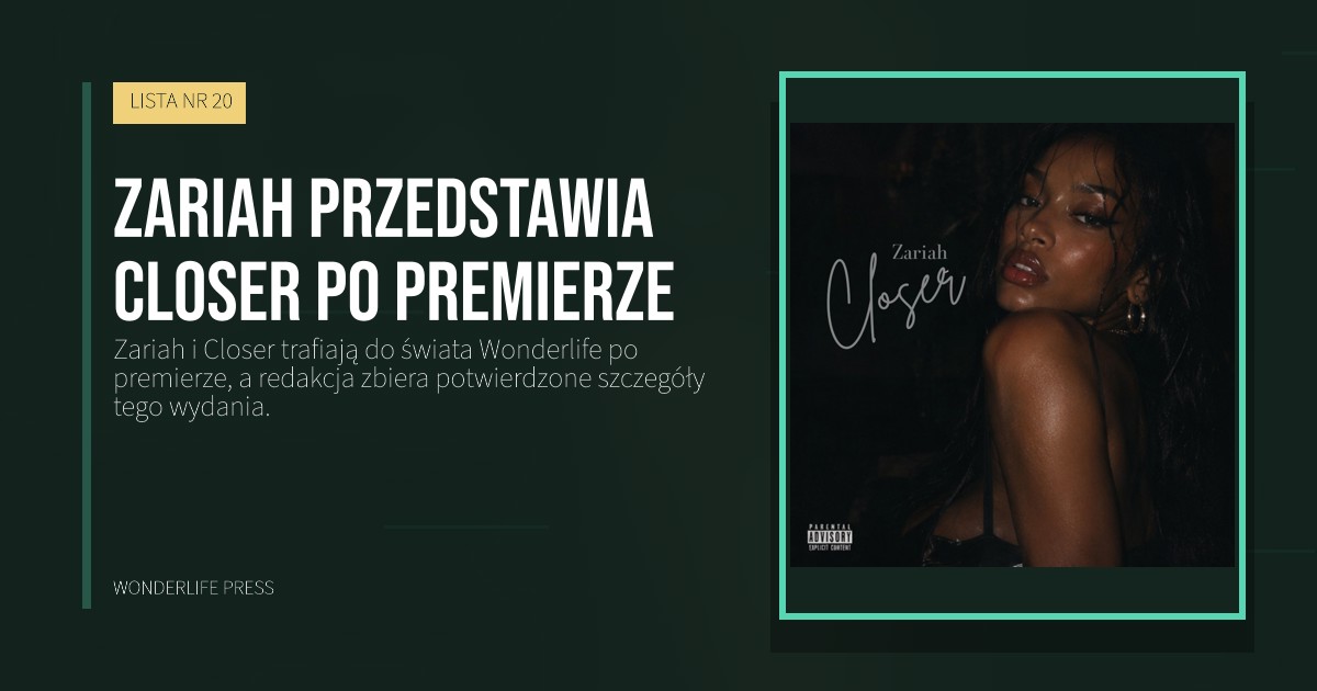 Wonderlife Press: Zariah przedstawia Closer po premierze. okładka wydawnictwa. LISTA NR 20.
