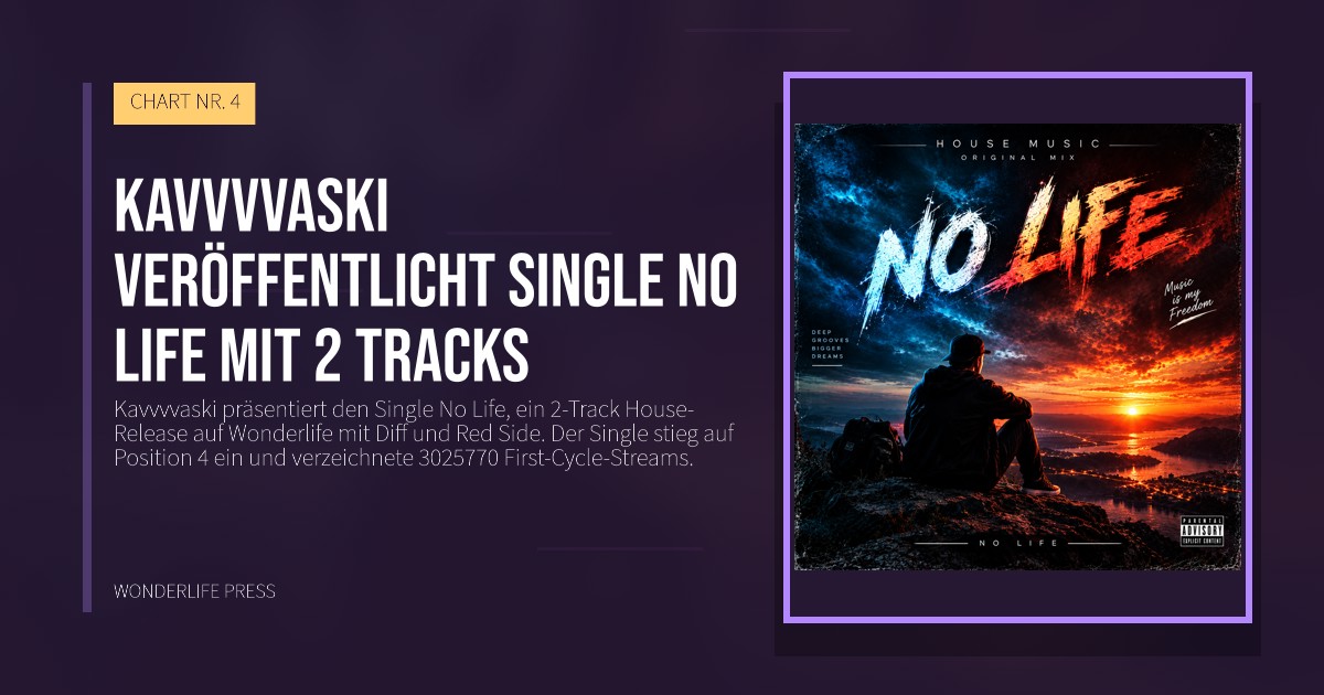 Wonderlife Press: Kavvvvaski veröffentlicht single No Life mit 2 tracks. Veröffentlichungscover. CHART NR. 4.