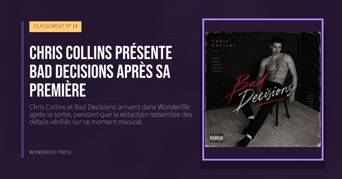 Wonderlife Press: Chris Collins présente Bad Decisions après sa première. pochette de la sortie. CLASSEMENT N° 14.