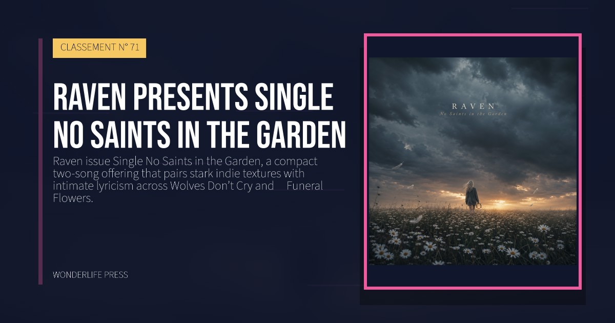 Wonderlife Press: Raven presents Single No Saints in the Garden. pochette de la sortie. CLASSEMENT N° 71.