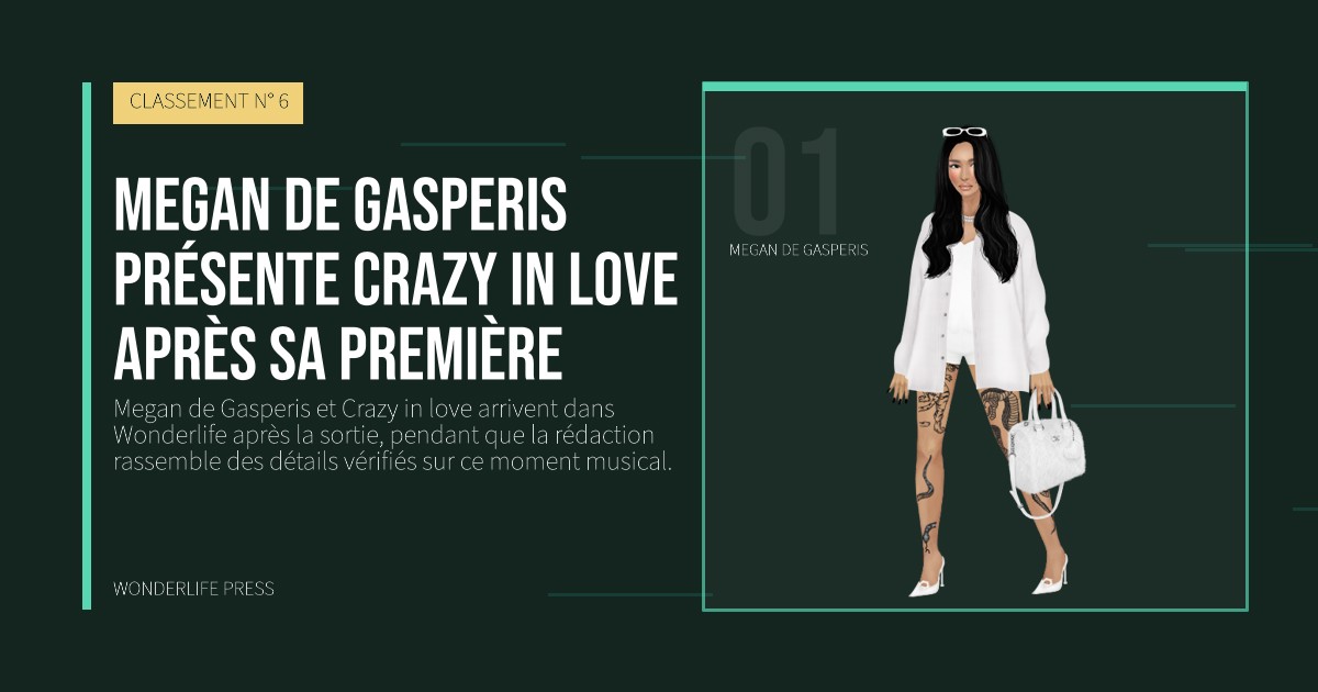 Wonderlife Press: Megan de Gasperis présente Crazy in love après sa première. portrait des artistes. CLASSEMENT N° 6.