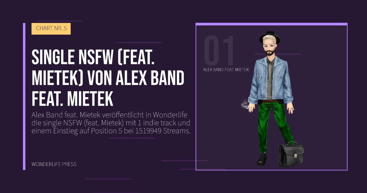 Wonderlife Press: Single NSFW (feat. Mietek) von Alex Band feat. Mietek. Künstlerporträt. CHART NR. 5.