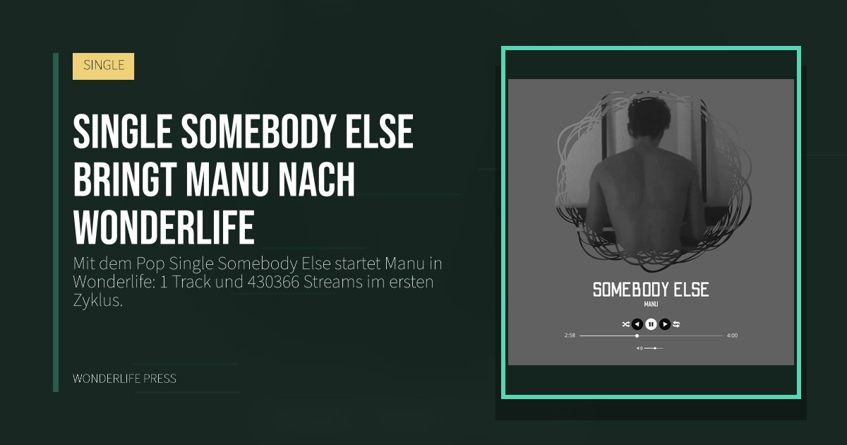 Wonderlife Press: Single Somebody Else bringt Manu nach Wonderlife. Veröffentlichungscover. SINGLE.