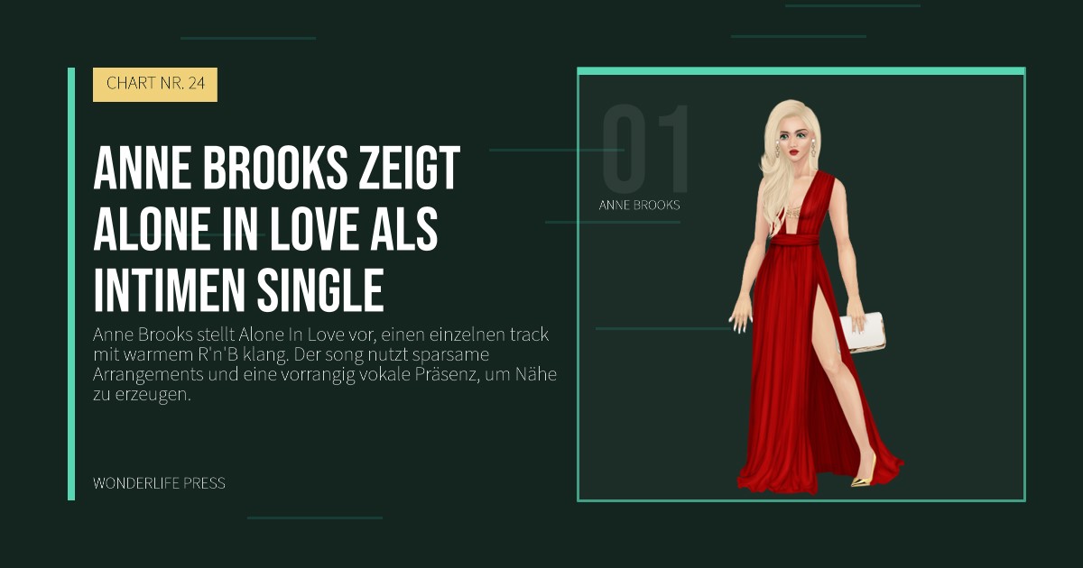 Wonderlife Press: Anne Brooks zeigt Alone In Love als intimen single. Künstlerporträt. CHART NR. 24.