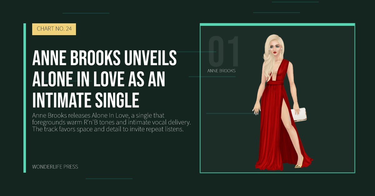 Wonderlife Press: Anne Brooks unveils Alone In Love as an intimate single. artist portrait. CHART NO. 24.