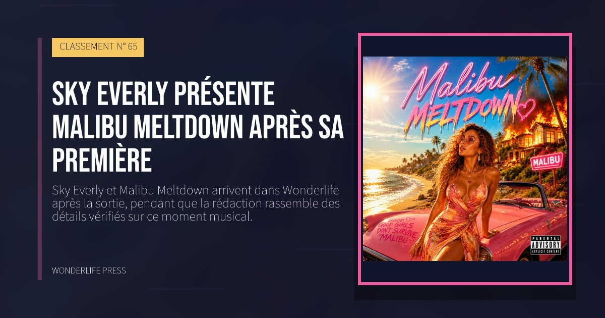 Wonderlife Press: Sky Everly présente Malibu Meltdown après sa première. pochette de la sortie. CLASSEMENT N° 65.
