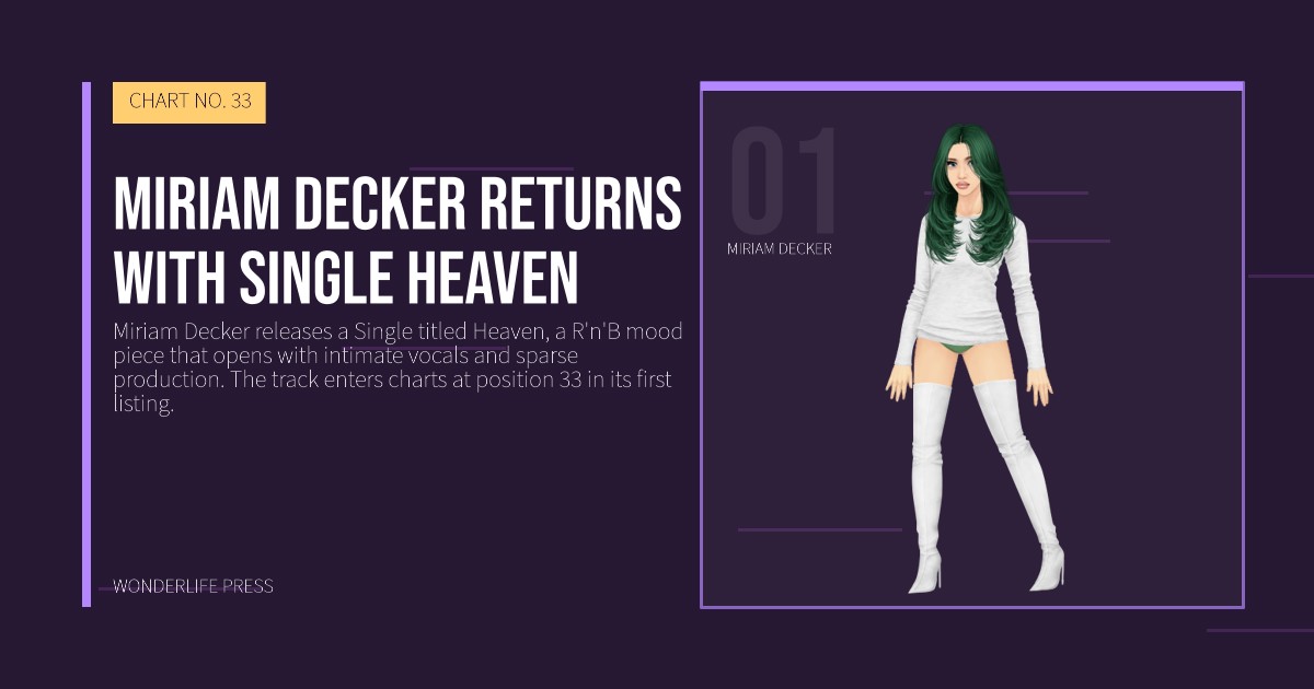 Wonderlife Press: Miriam Decker returns with single Heaven. artist portrait. CHART NO. 33.