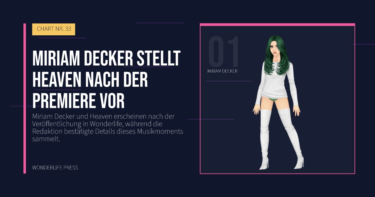 Wonderlife Press: Miriam Decker stellt Heaven nach der Premiere vor. Künstlerporträt. CHART NR. 33.