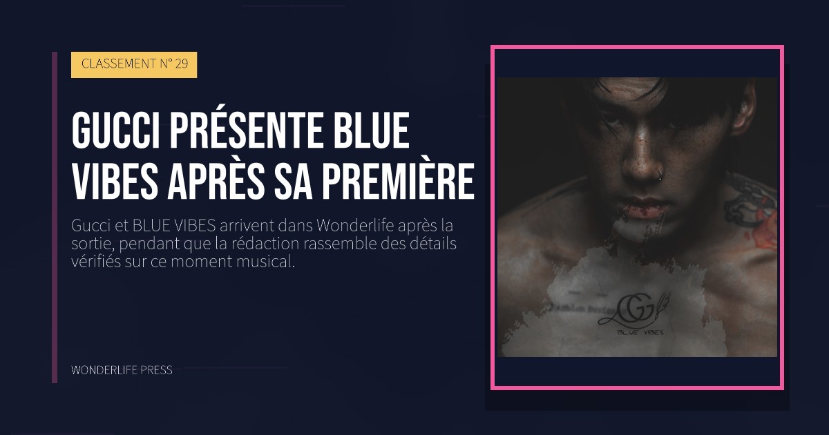Wonderlife Press: Gucci présente BLUE VIBES après sa première. pochette de la sortie. CLASSEMENT N° 29.