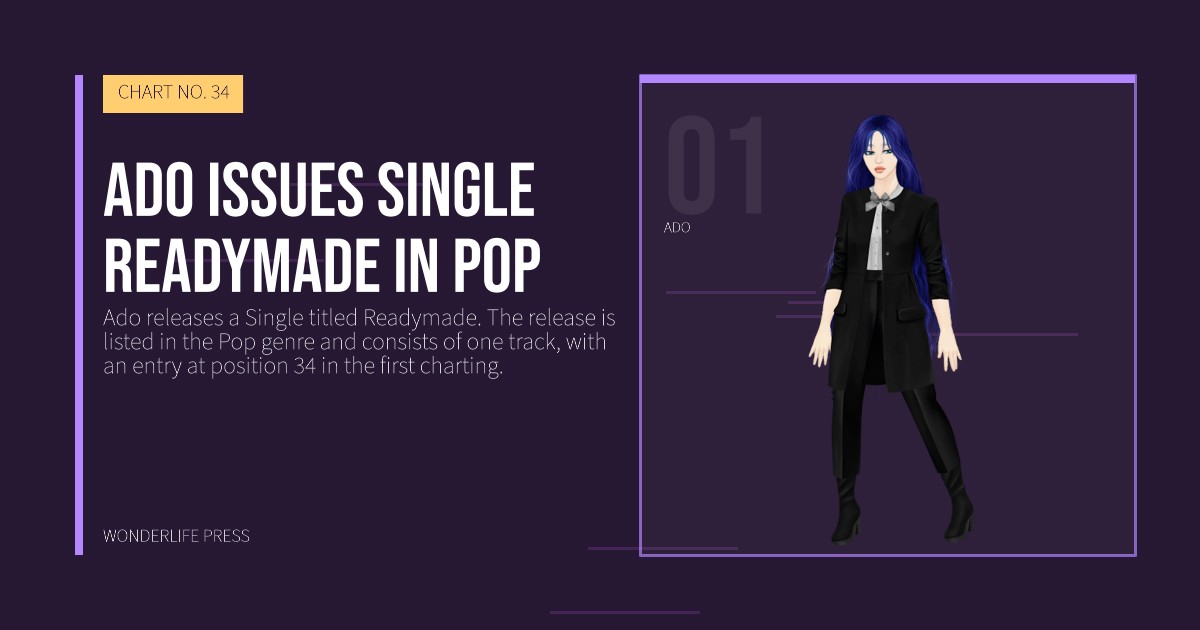 Wonderlife Press: Ado issues single Readymade in Pop. artist portrait. CHART NO. 34.