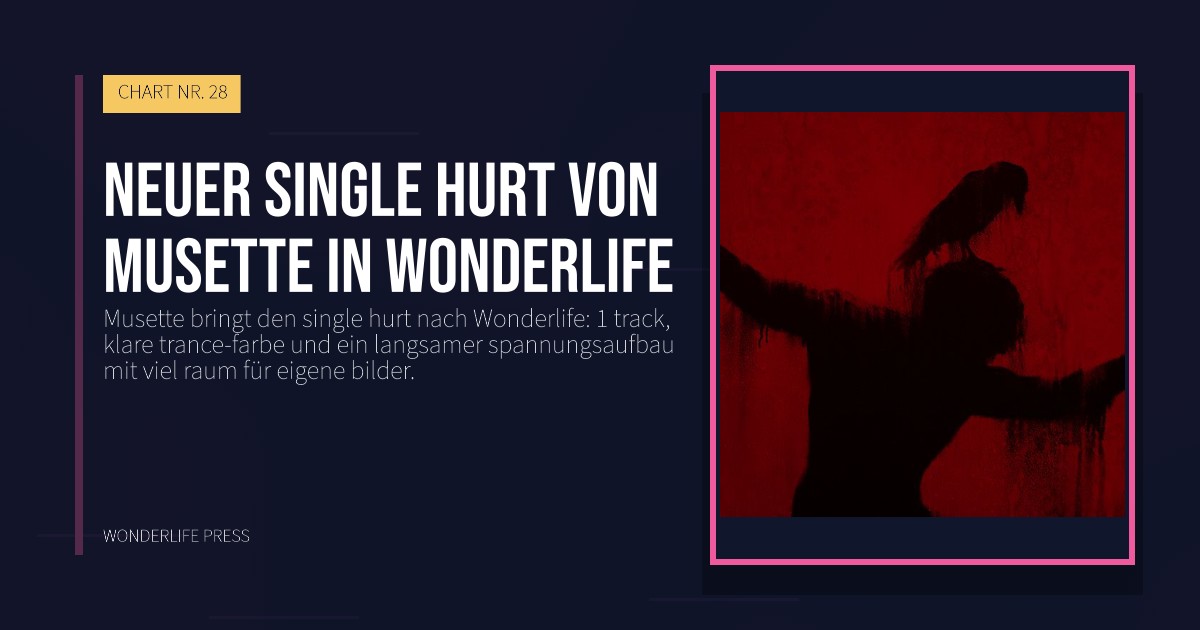 Wonderlife Press: Neuer single hurt von Musette in Wonderlife. Veröffentlichungscover. CHART NR. 28.