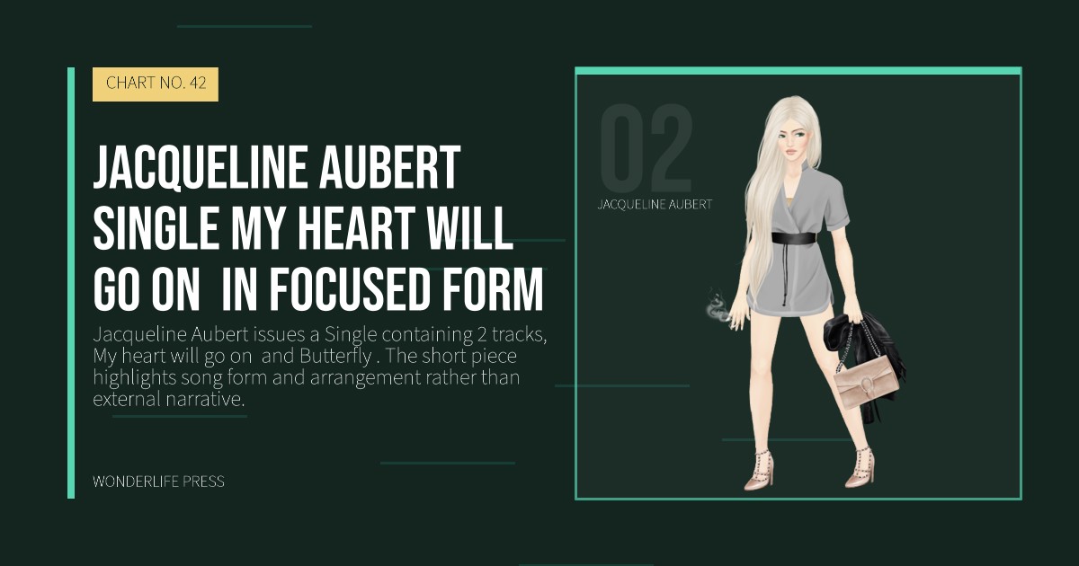 Wonderlife Press: Jacqueline Aubert single My heart will go on  in focused form. artist portrait. CHART NO. 42.