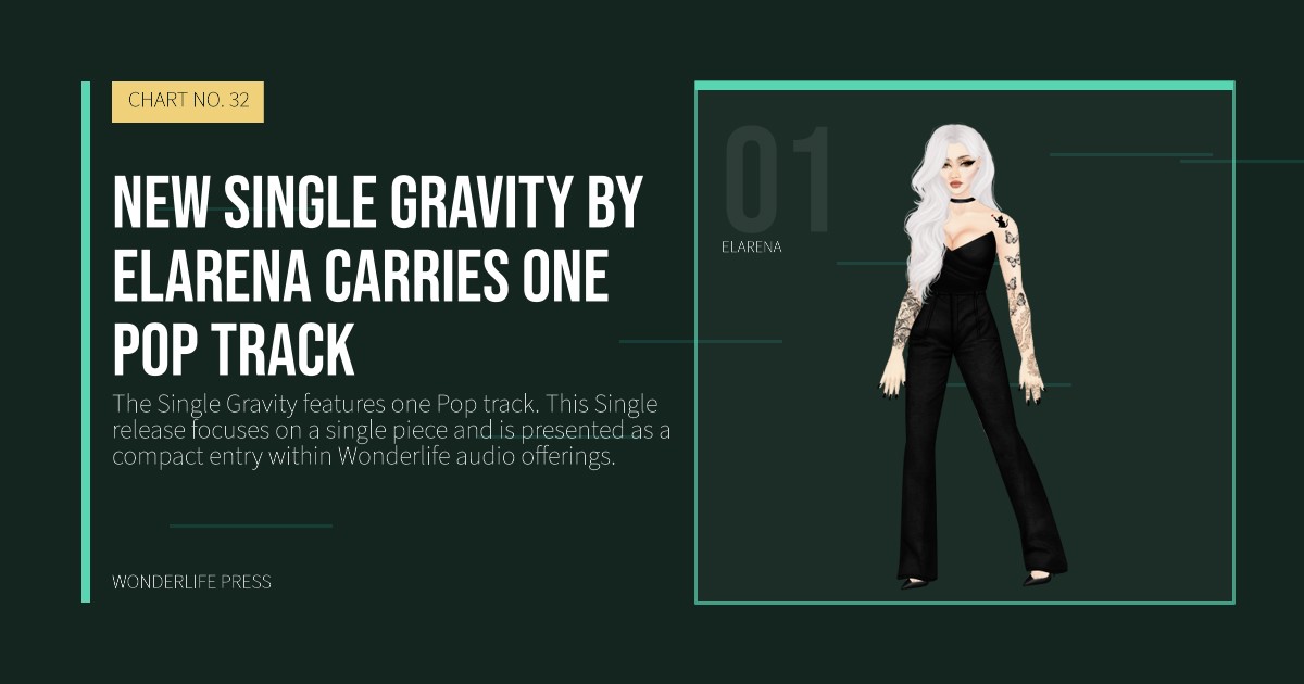 Wonderlife Press: new single Gravity by Elarena carries one pop track. artist portrait. CHART NO. 32.