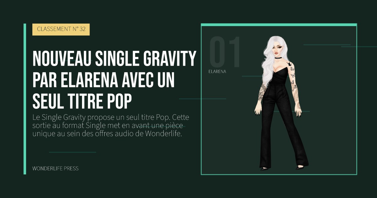 Wonderlife Press: nouveau single Gravity par Elarena avec un seul titre pop. portrait des artistes. CLASSEMENT N° 32.
