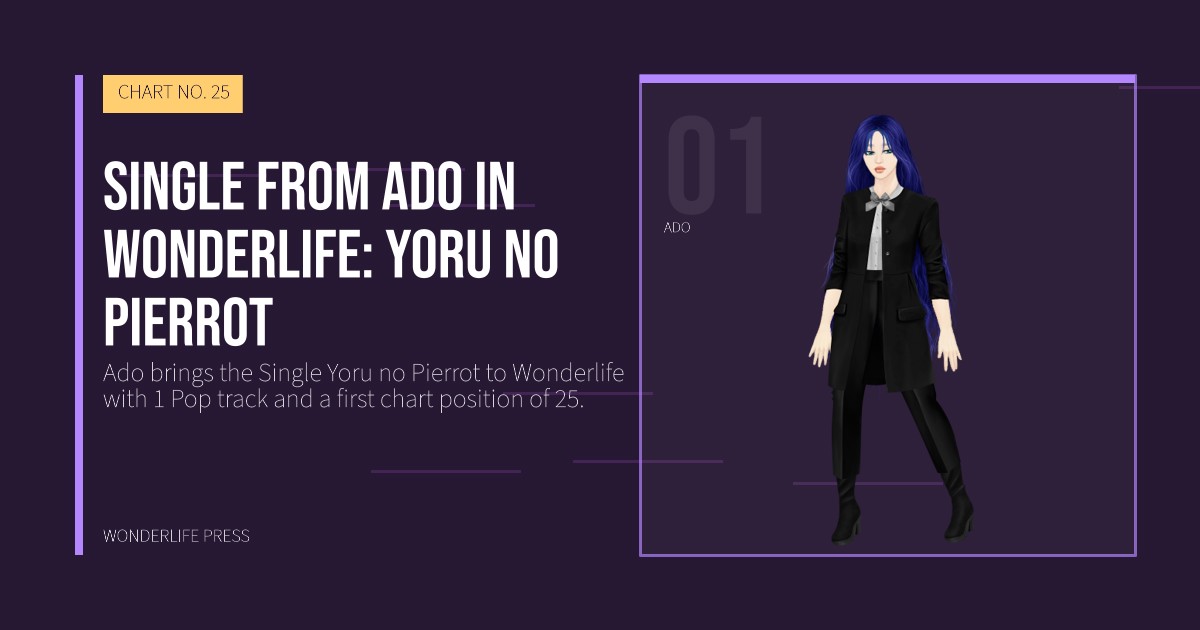 Wonderlife Press: Single from Ado in Wonderlife: Yoru no Pierrot. artist portrait. CHART NO. 25.