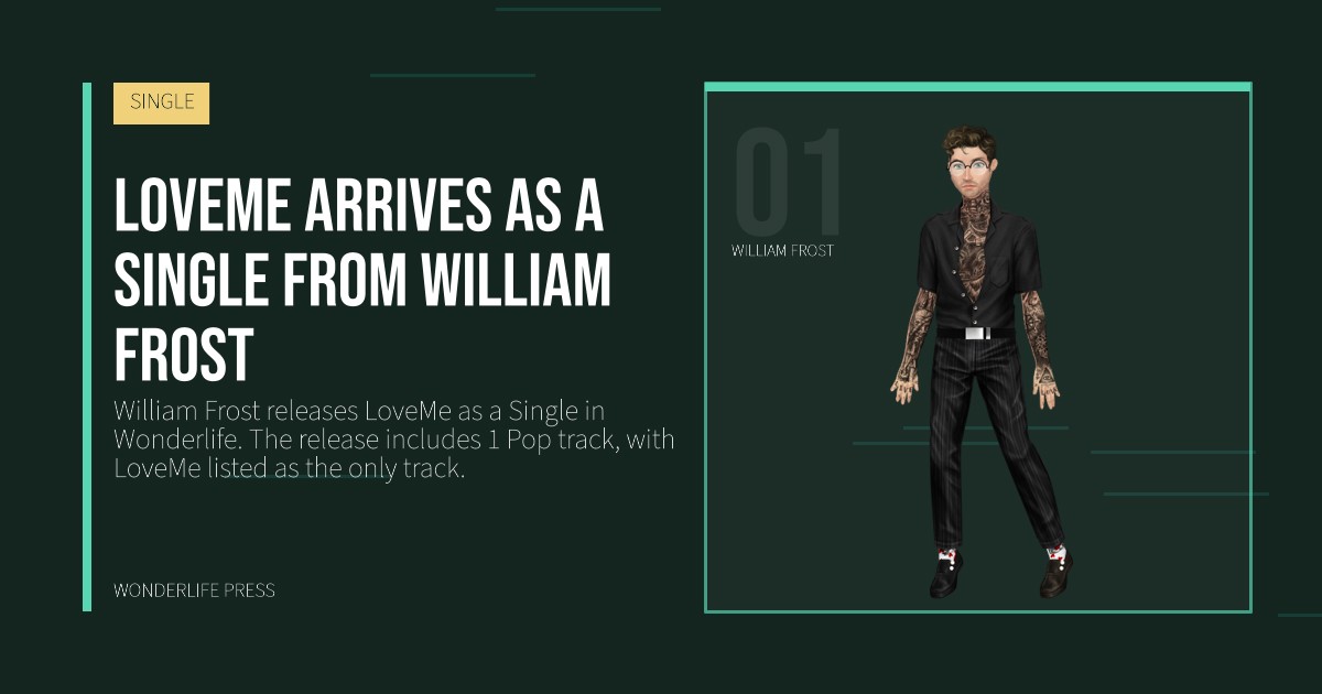 Wonderlife Press: LoveMe arrives as a Single from William Frost. artist portrait. SINGLE.