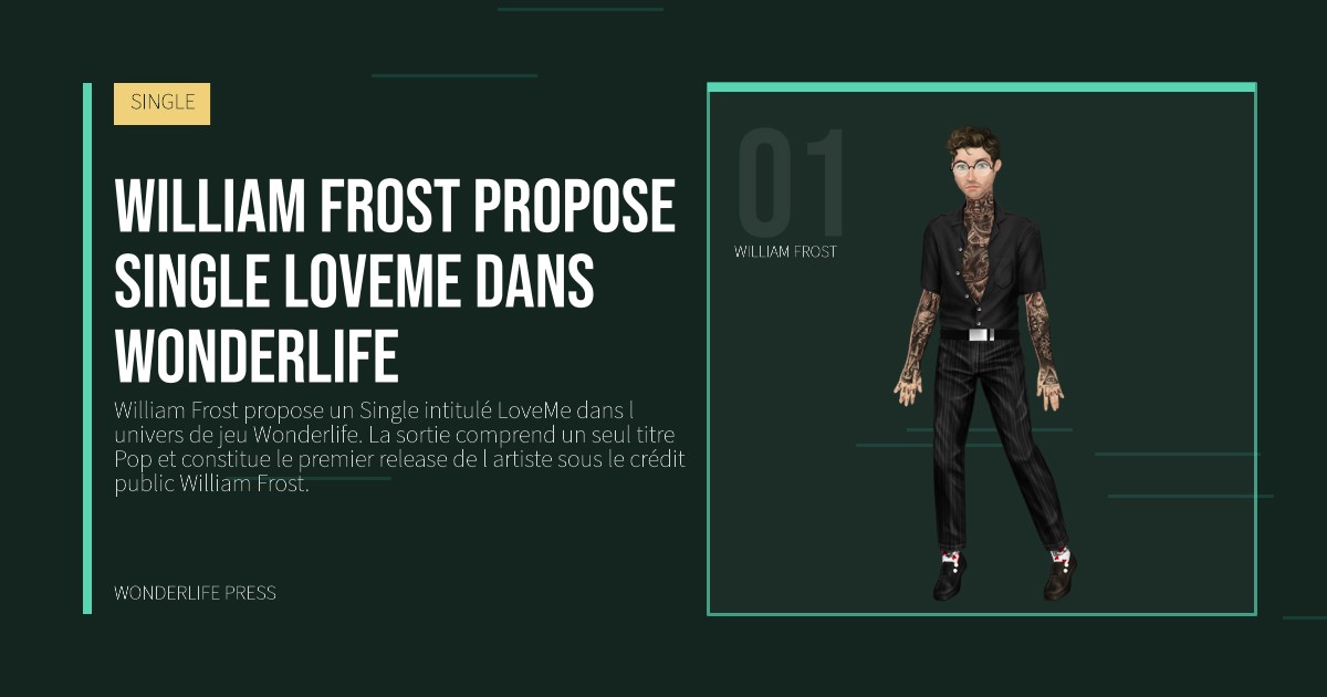 Wonderlife Press: William Frost propose Single LoveMe dans Wonderlife. portrait des artistes. SINGLE.