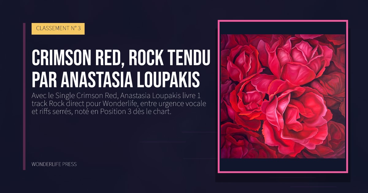 Wonderlife Press: Crimson Red, rock tendu par Anastasia Loupakis. pochette de la sortie. CLASSEMENT N° 3.
