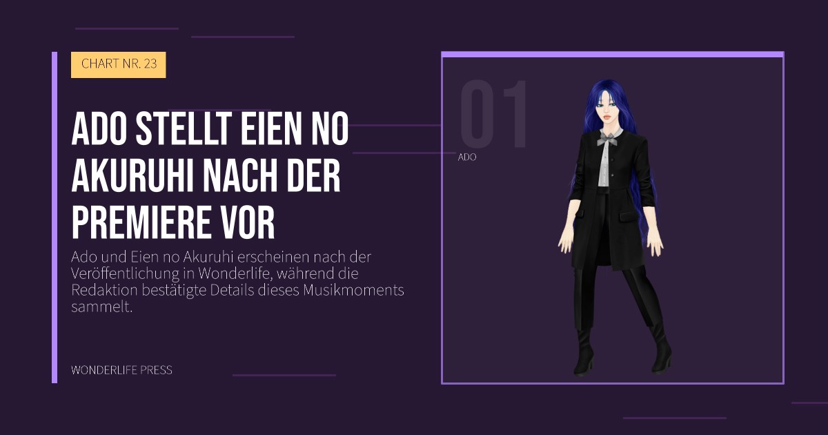Wonderlife Press: Ado stellt Eien no Akuruhi nach der Premiere vor. Künstlerporträt. CHART NR. 23.